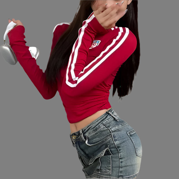 Women's Autumn Red Tight Long-sleeved T-shirt Top