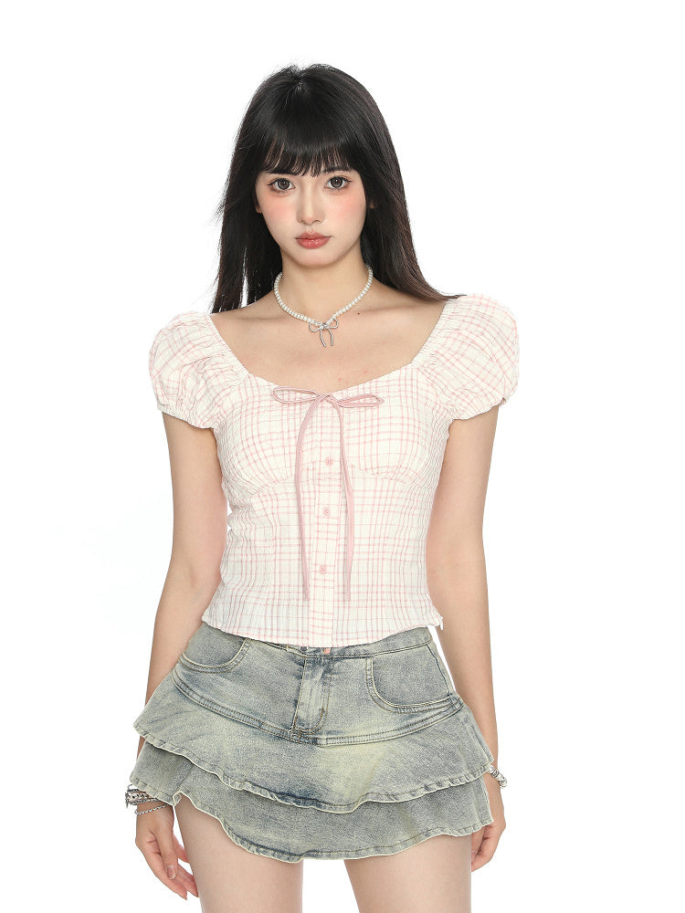 Women's Puff Sleeve Bow Bandage Short-sleeved T-shirt