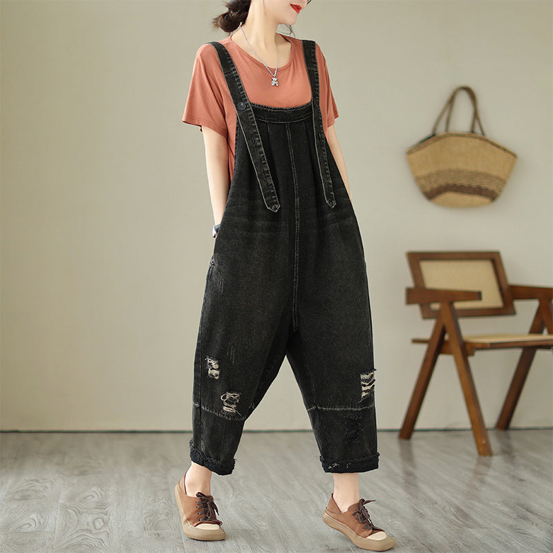 Fashion Distressed Denim Strap Pants