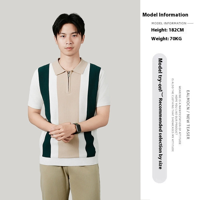 Men's Summer Contrast Color Striped Stitching Advanced Knitted T-shirt