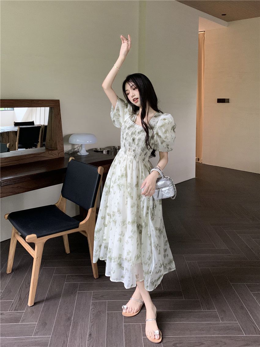 Square Neck Mid Length Pleated Waistband Skirt