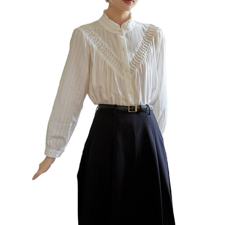Retro Stand Collar Long Sleeve Design Blouse