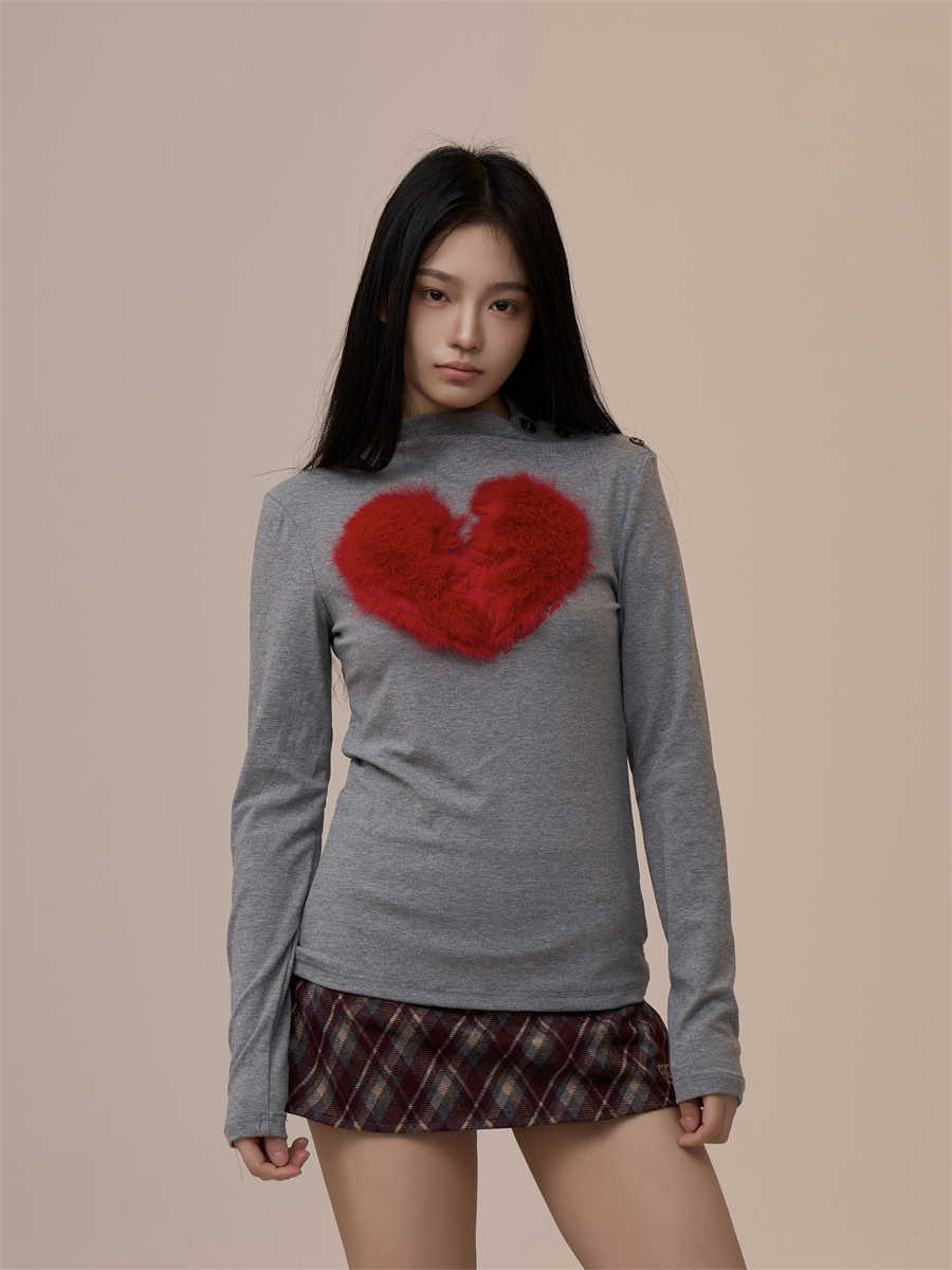 Women's Creative Heart Long-sleeved T-shirt Loose Retro Slim-fit Top