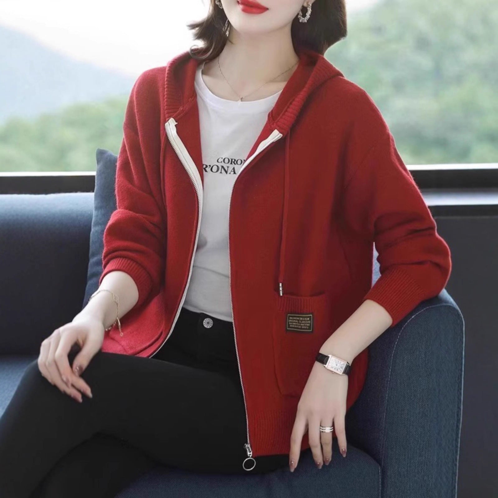 Knitwear Hooded Sweater Coat Women's Loose Zip Knitted Cardigan