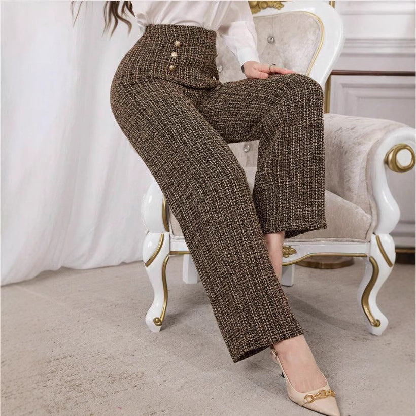 Versatile Classic Style Plaid Double-breasted Tweed High Waist Slimming Wide-leg Pants
