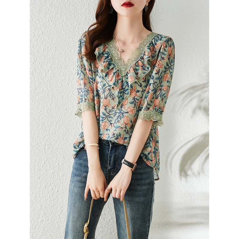 V-neck Floral Chiffon Shirt For Women