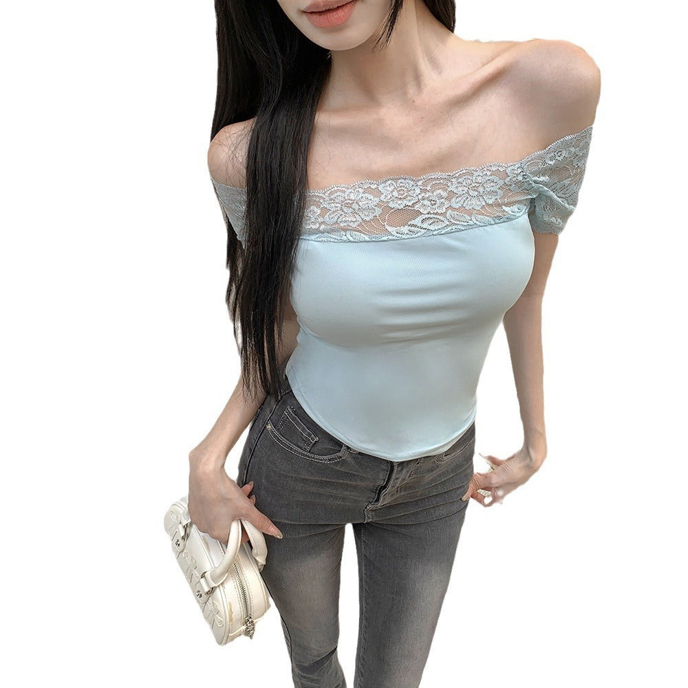 Pure Desire Style Design Lace Stitching Exposed Slim Top