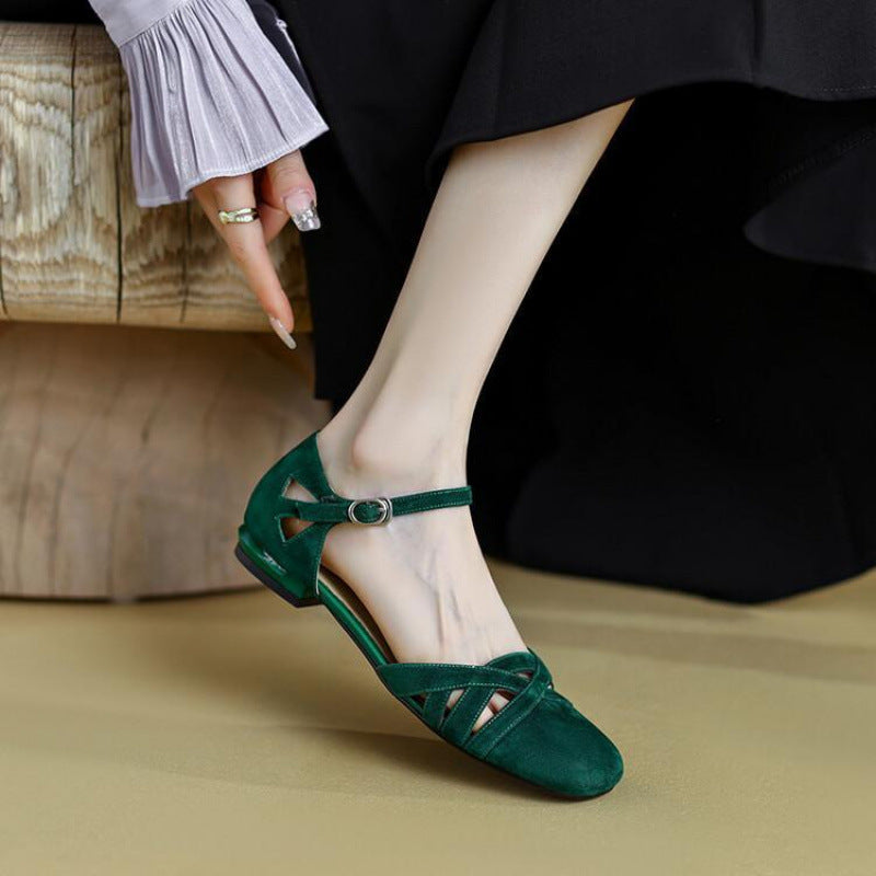 Classic Retro Sandals Women's Summer Round Toe Frosted Toe Box Soft Bottom Flat Shoes