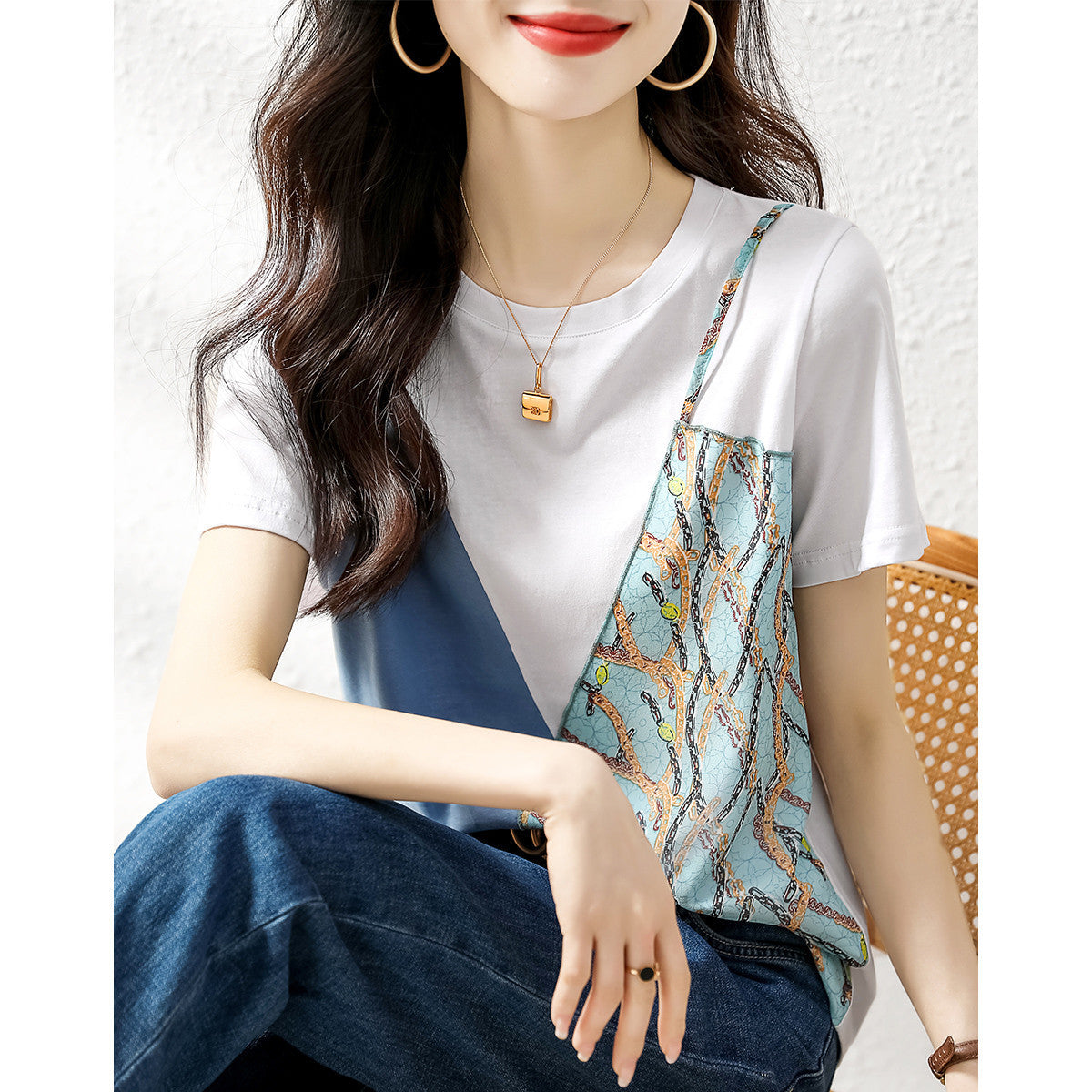 Printed Elegant Stitching Exquisite Commute Minimalist Temperament Crew Neck Short Sleeve