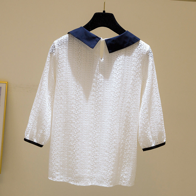 Doll Collar Lace Velvet Top Slimming Shirt