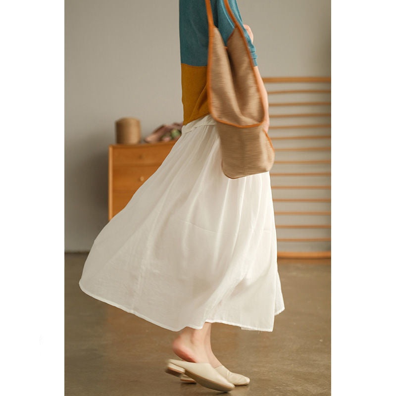 Pure Color Elastic Waist Cotton Ramie Body Pleated Long Skirt Summer Big Swing Skirt