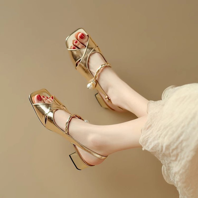 French Style Buckle Open Toe High Heel Fish Mouth Square Toe Sandals Women