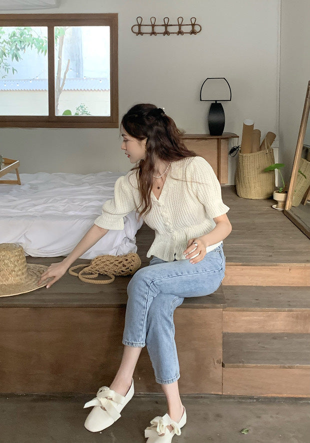 Gentle Romantic Lapel Puff Sleeve Slim Chic Top Crocheted Button Knitted Sweater Cardigan For Women