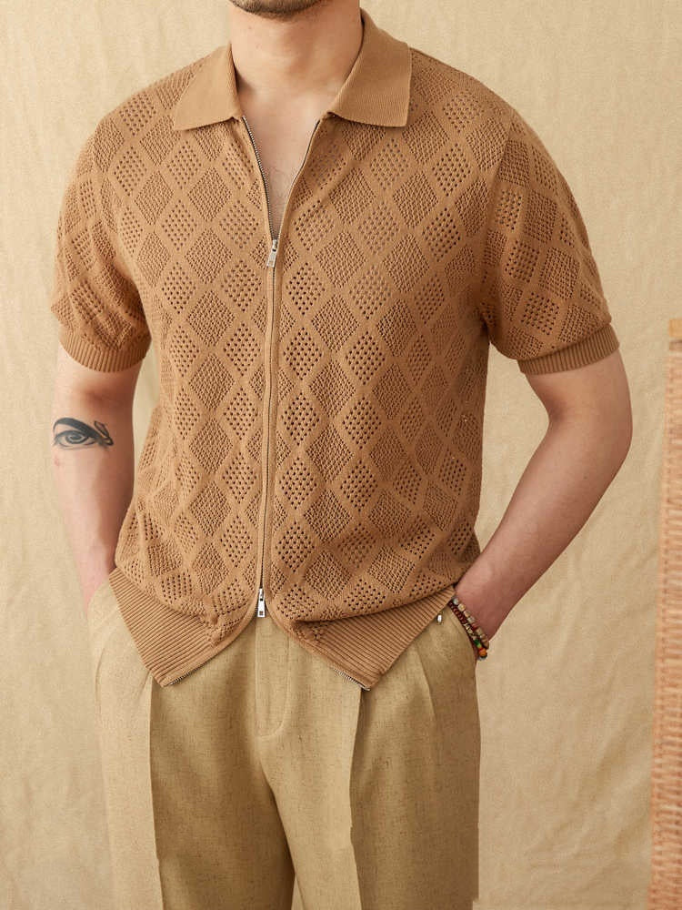 Cotton Zipper Hollow Short Sleeve Lapel Cardigan Casual Top