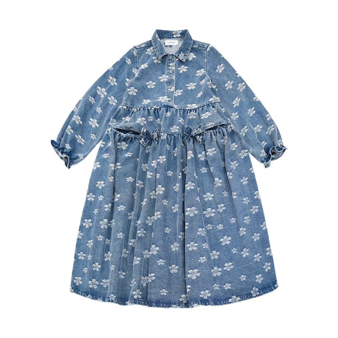 Early Autumn Jacquard Denim Dress Women's Medium Long Bow