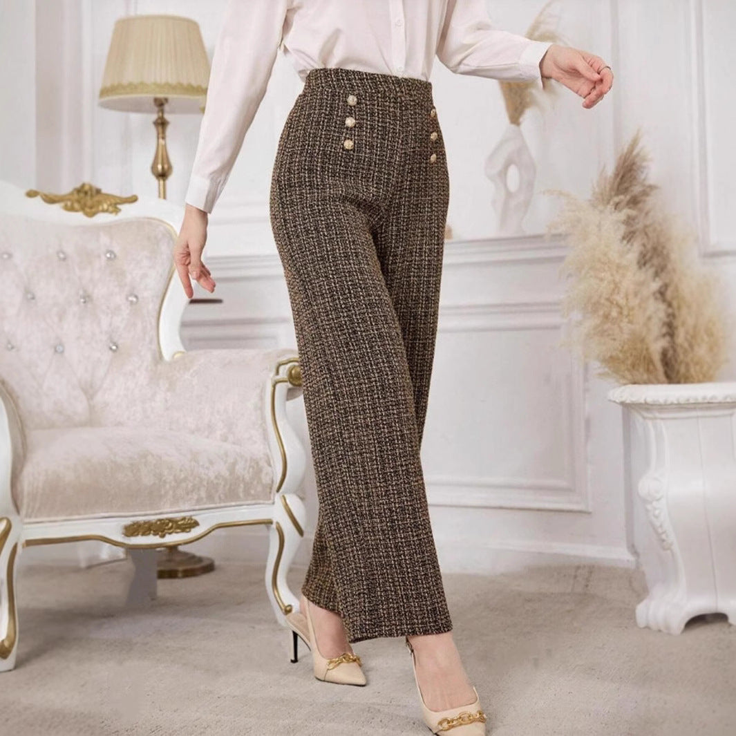 Versatile Classic Style Plaid Double-breasted Tweed High Waist Slimming Wide-leg Pants