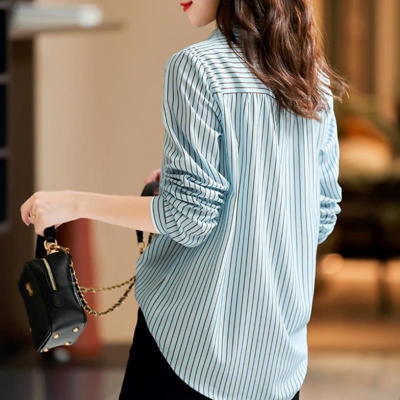 Striped Blue Shirt Women's Chiffon Long Sleeve Early Spring Top