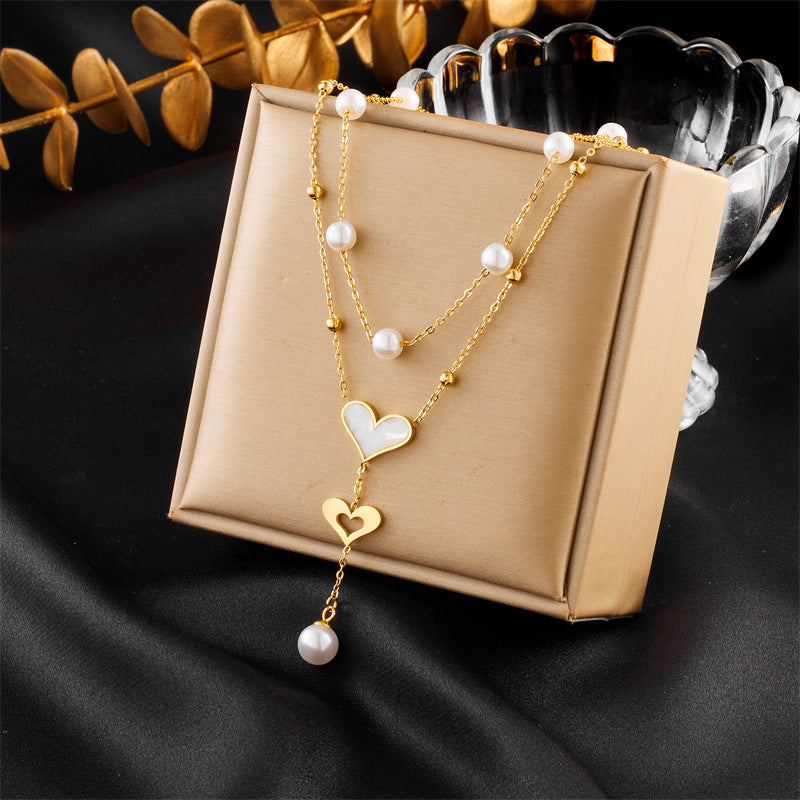 Special-interest Retro Double-layer Chain Pearl Butterfly Tassel Pendant Necklace