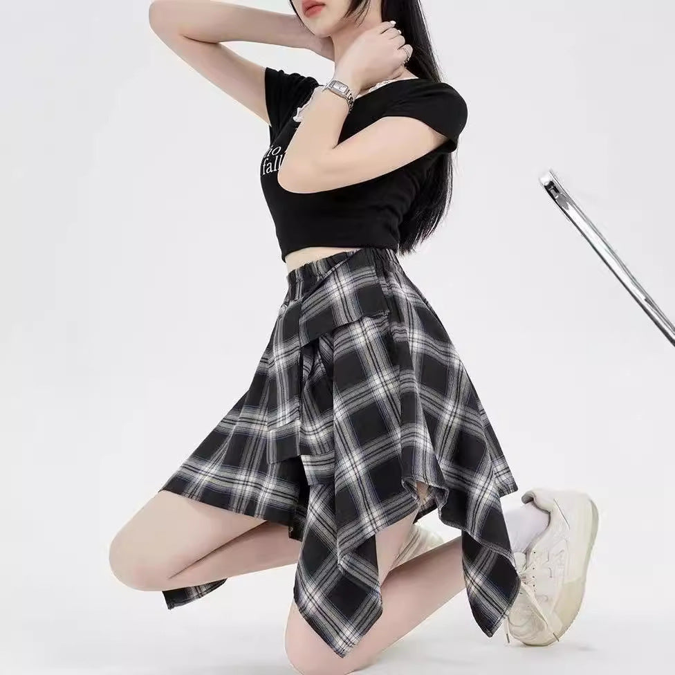 Design Irregular Plaid Women's Neologism Bow Lace Up Casual Sports Skirt
