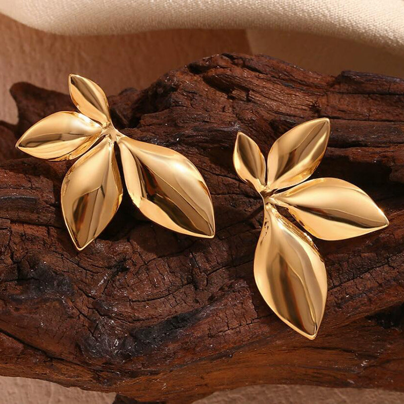 European And American Niche Glossy Flowers Leaf-shapepd Stud Earrings