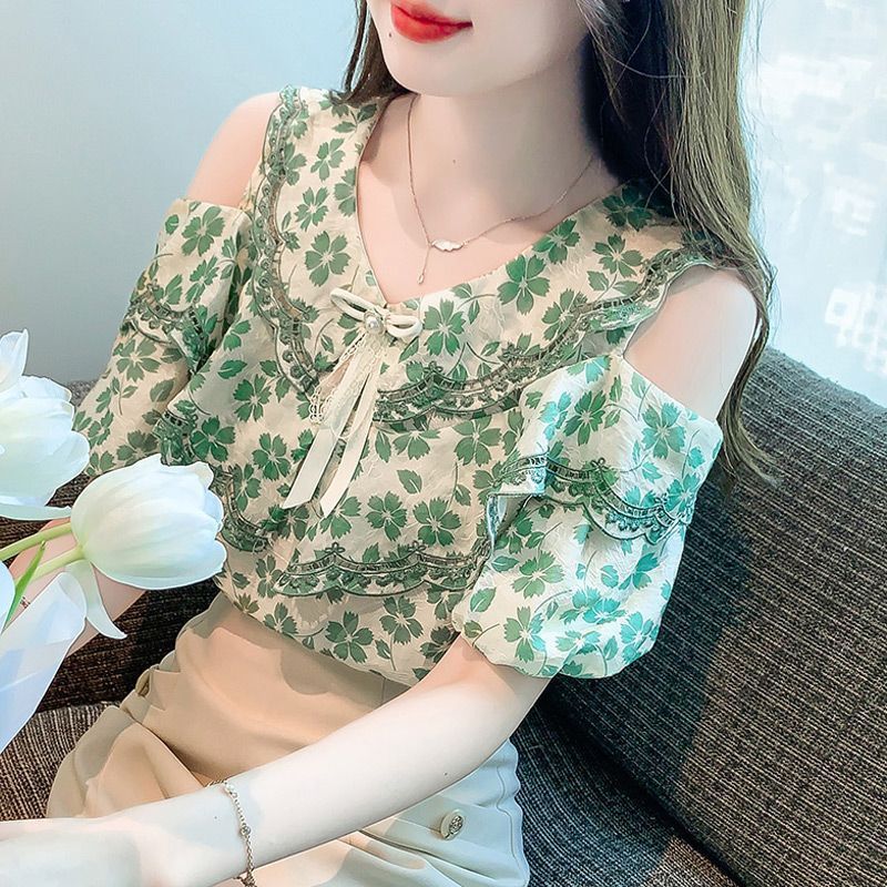 Women's Floral Short-sleeved Chiffon Blouse Off-shoulder Sweet Shirt