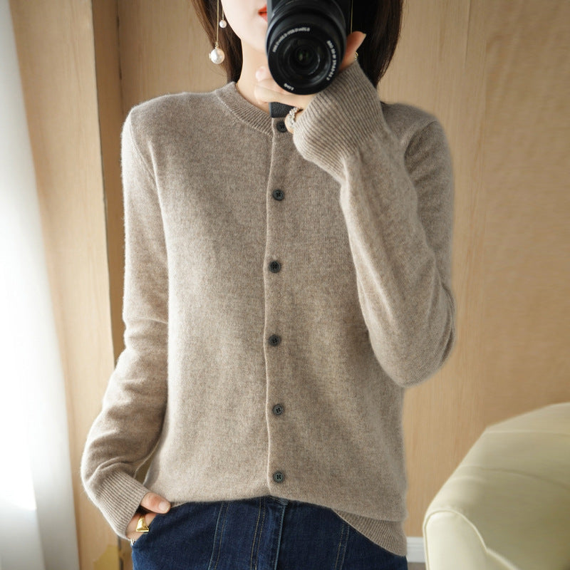 Backed Round Neck Knitted Cardigan Coat For Women