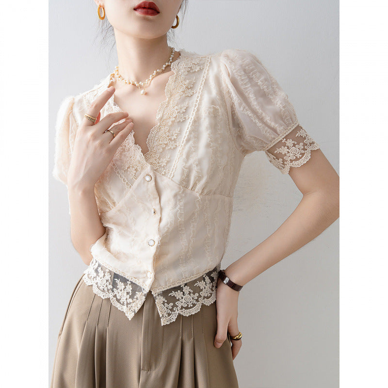 New Women's Summer Short Sleeve Chiffon Lace Shirt Top