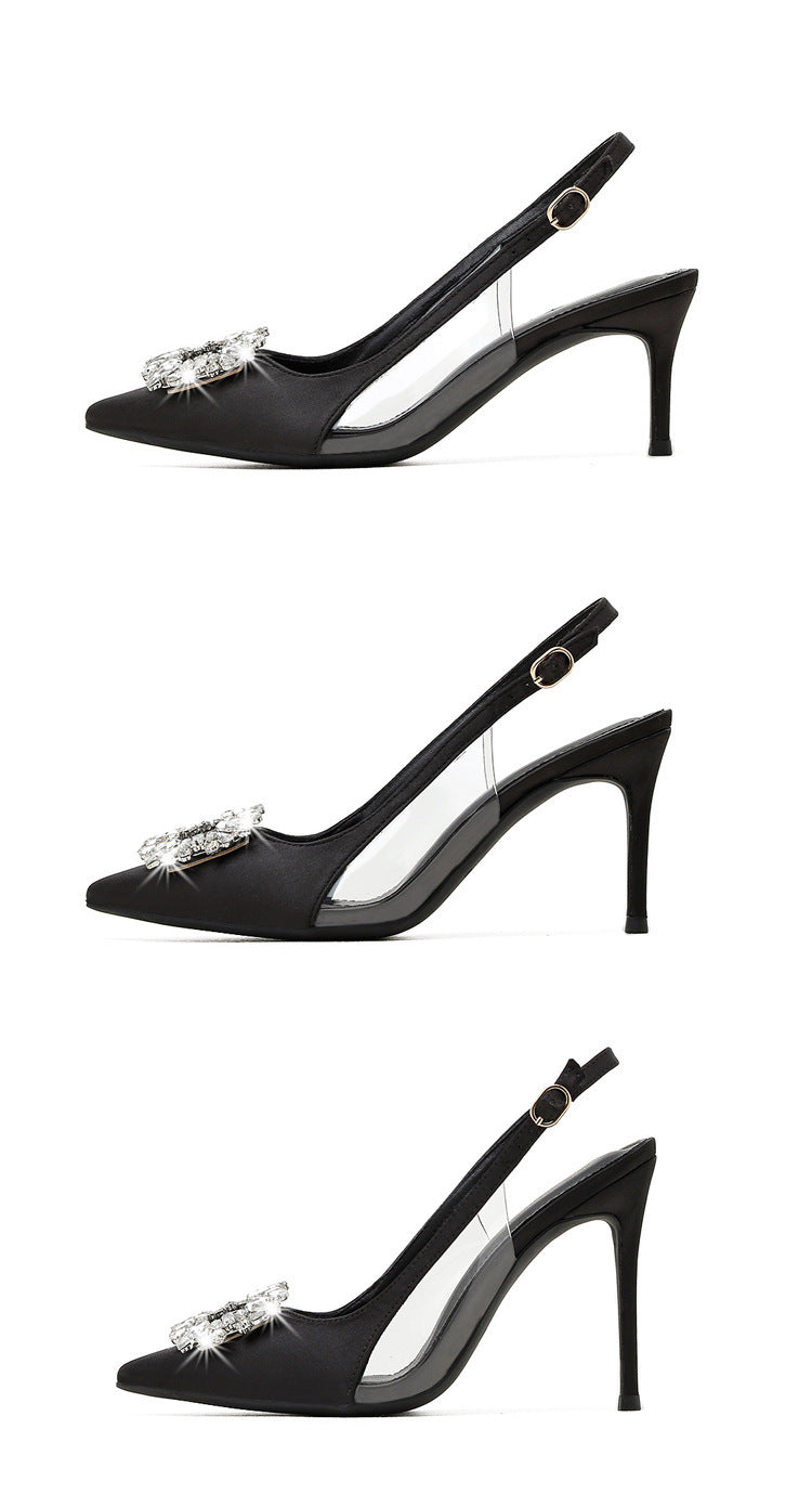 Stiletto Heel Satin Rhinestone Square Buckle Closed Toe Korean Style High Heels