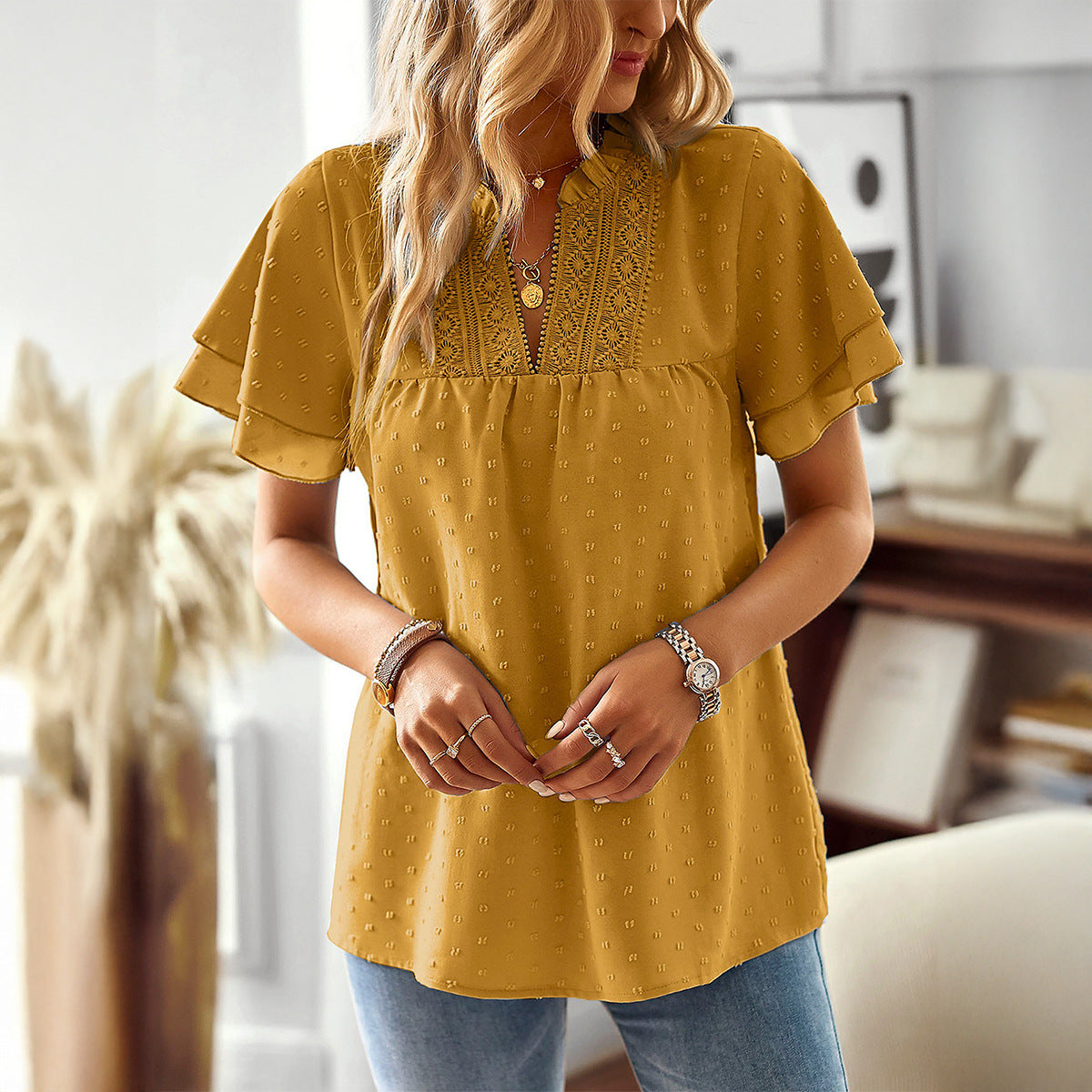 Holiday Casual Style Deep V Fluted Collar Shirt Women's Clothing