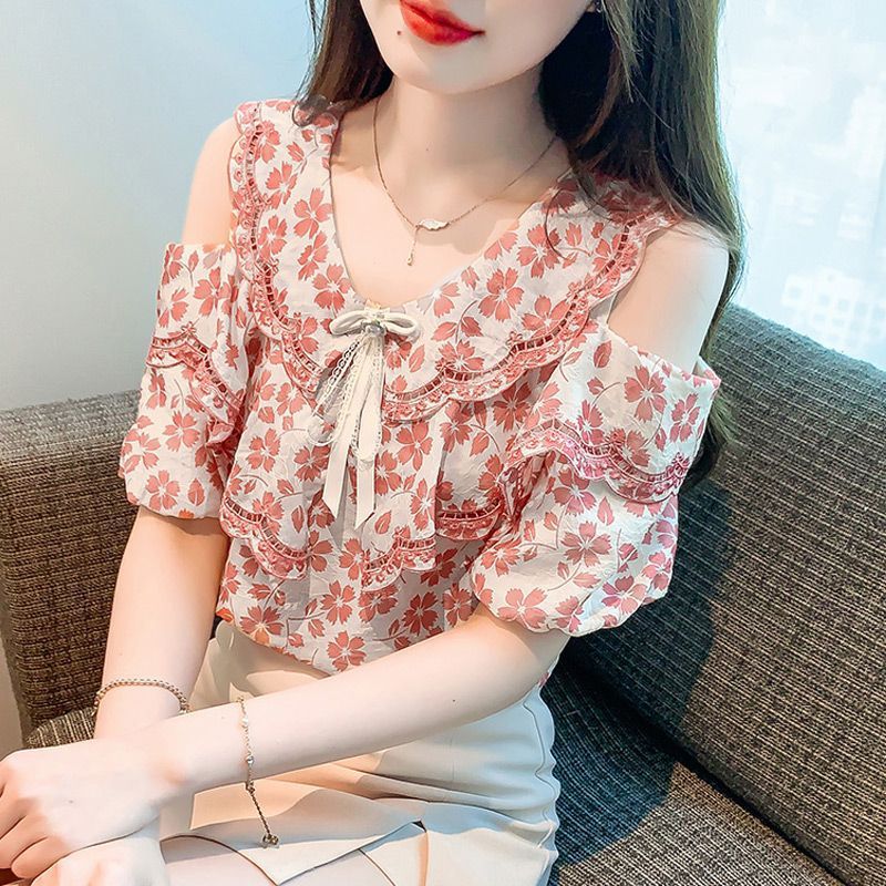 Women's Floral Short-sleeved Chiffon Blouse Off-shoulder Sweet Shirt