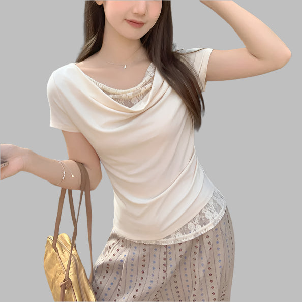 Korean Style Lace Stitching Swing Collar Off-shoulder Short Sleeve T-shirt