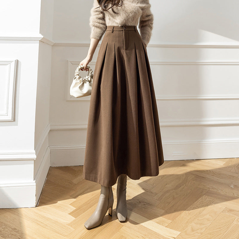 Women's Fashion High Waist Korean Style Woolen Large Swing Skirt
