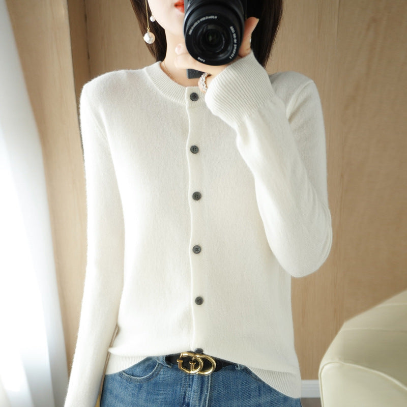 Backed Round Neck Knitted Cardigan Coat For Women