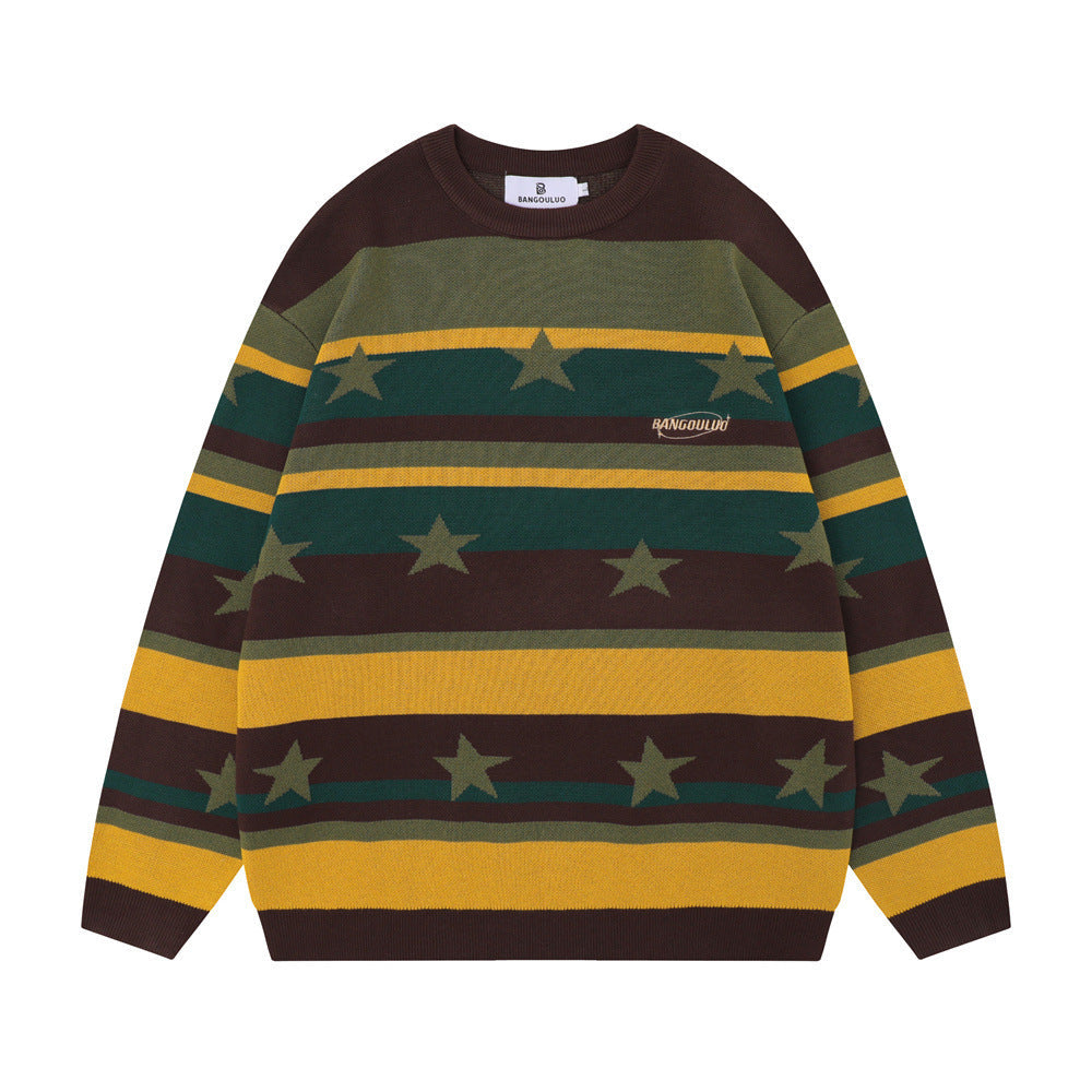 Contrast Color Striped Full Printed Five-pointed Star Round Neck Sweater For Women