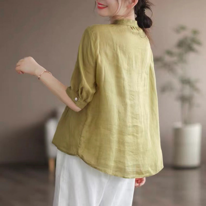 Middle-aged Artistic Retro Women's Cotton And Linen Short-sleeved Shirt