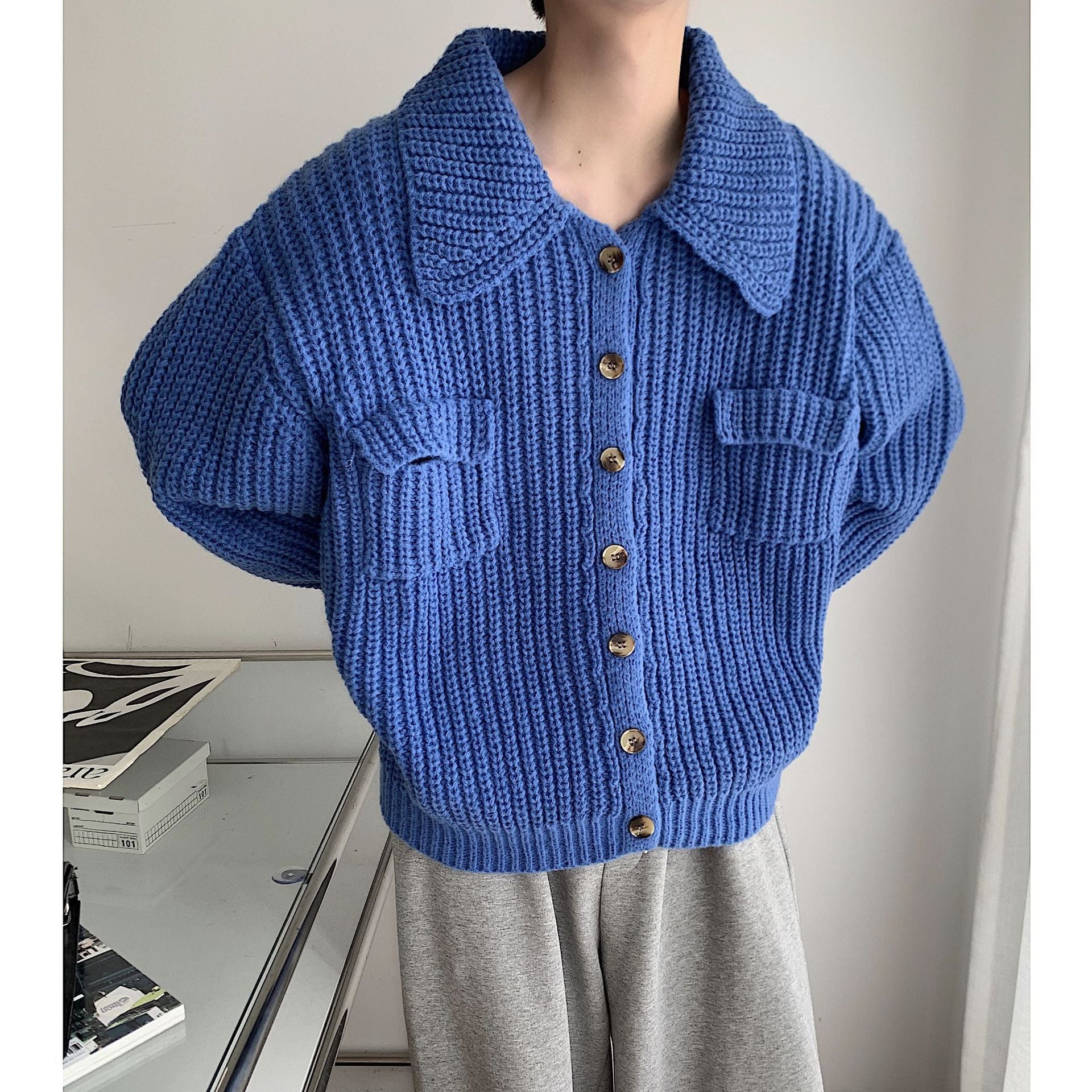 Retro Lapels Sweater Single-breasted Men's Cardigan Sweater Coat