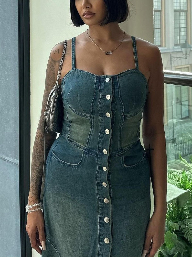 Denim Single-breasted Suspender Dress