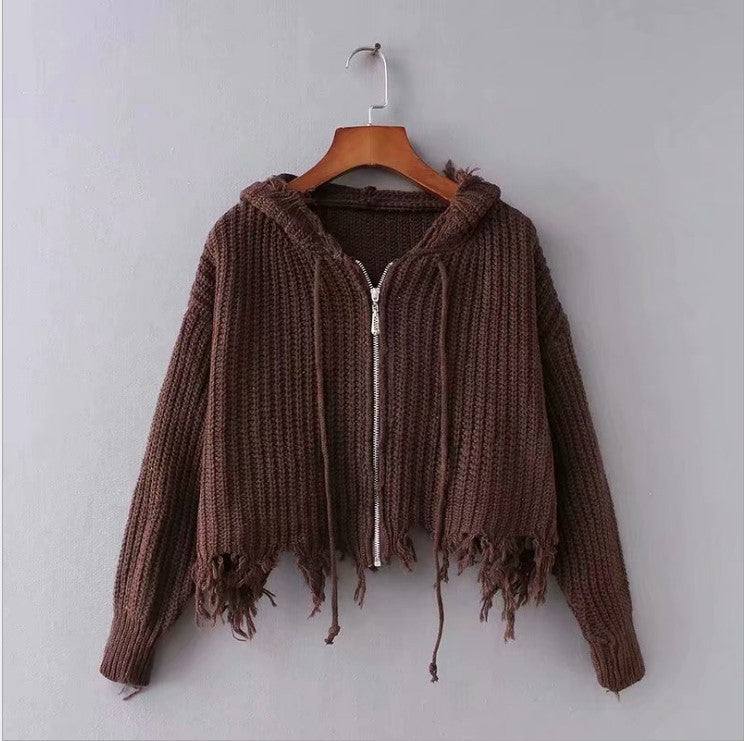 European And American Hooded Tassel Zipper Sweaters Coat