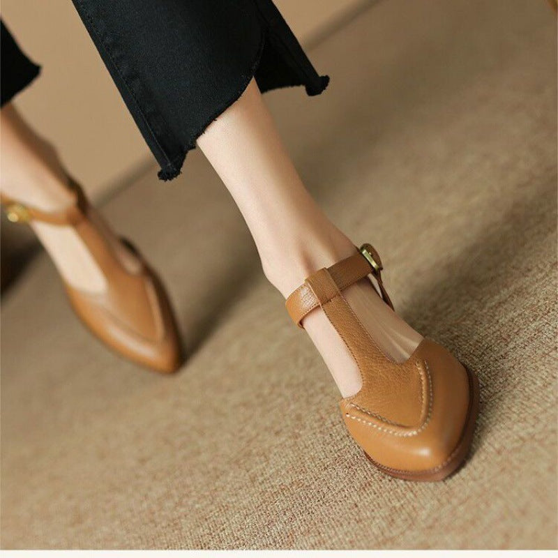 Women's Soft Leather Pointed Sandals New Summer Closed Toe Chunky Heel