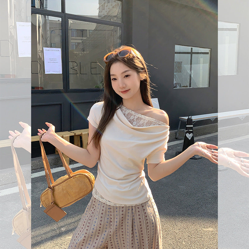 Korean Style Lace Stitching Swing Collar Off-shoulder Short Sleeve T-shirt