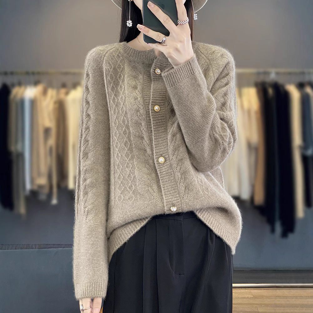Round Neck Pure Wool Knit Cardigan Women's Long Sleeve Casual Simple
