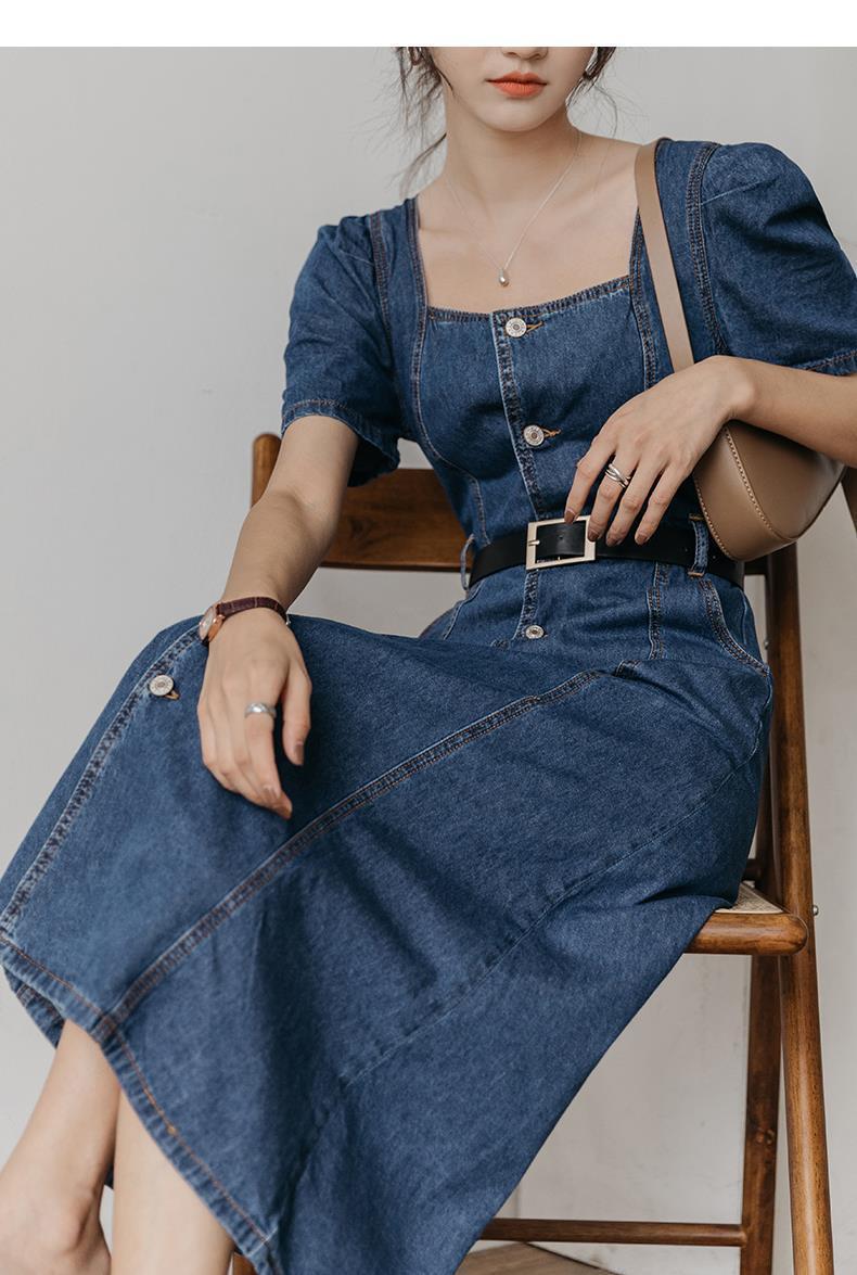 Feminine Slim Puff Sleeve Denim Dress