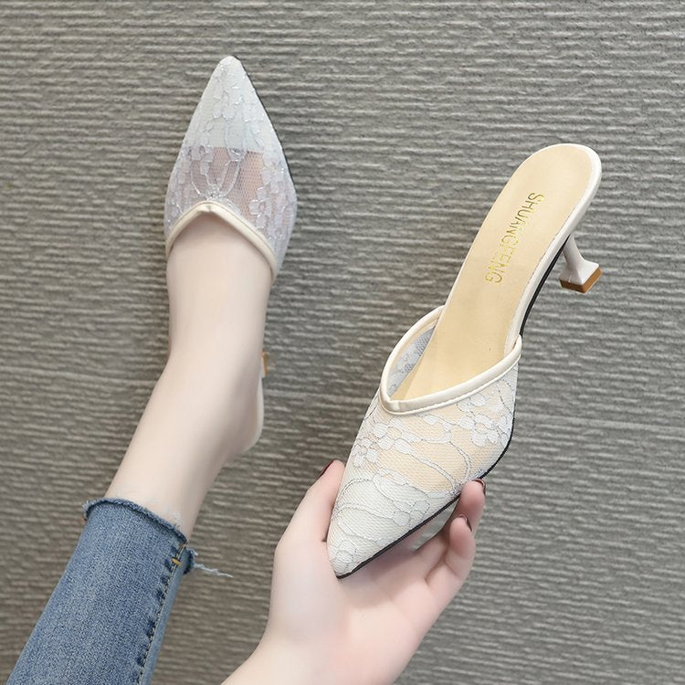 Pointed Stiletto Sandals And Slippers With Lace