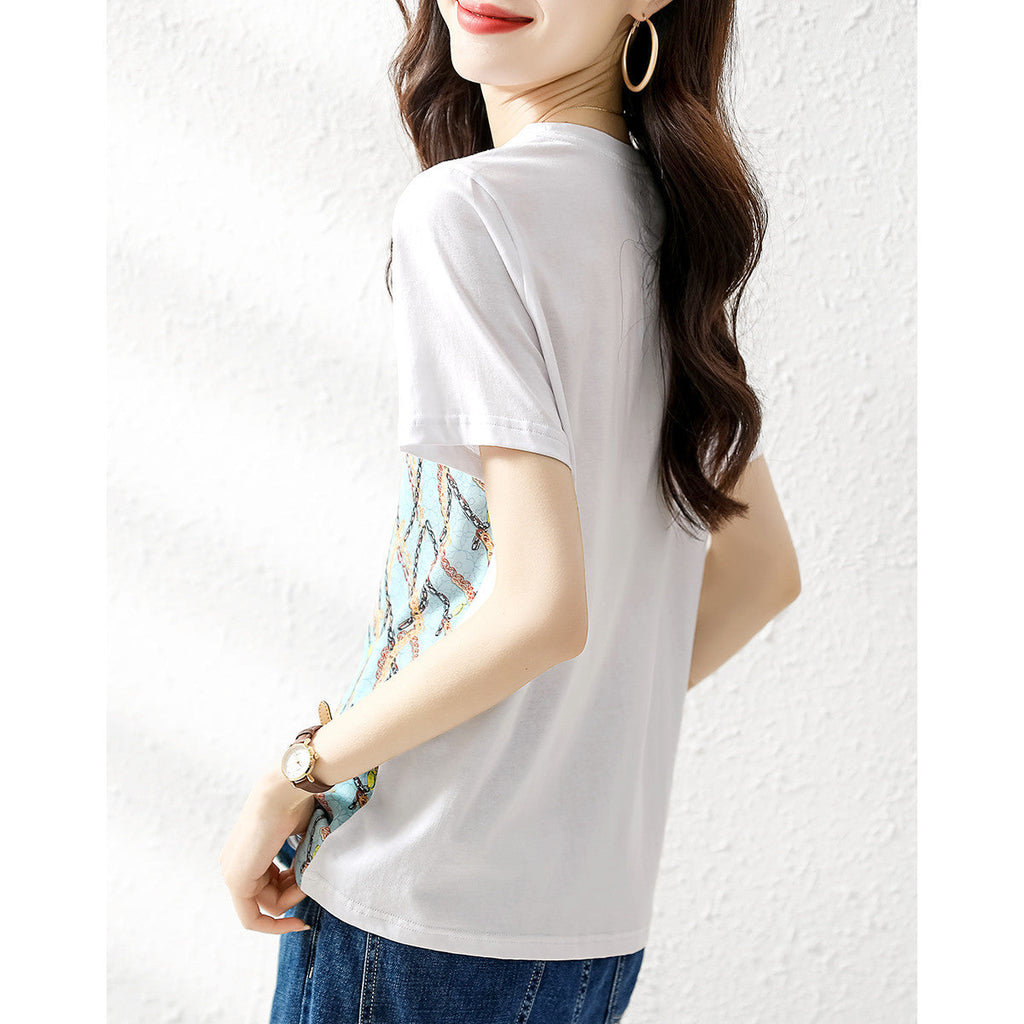 Printed Elegant Stitching Exquisite Commute Minimalist Temperament Crew Neck Short Sleeve