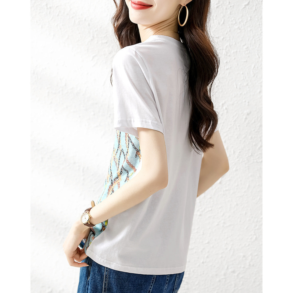 Printed Elegant Stitching Exquisite Commute Minimalist Temperament Crew Neck Short Sleeve