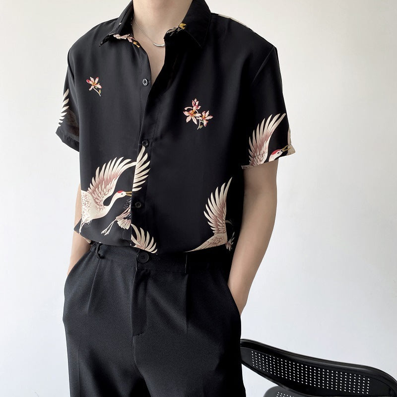 Summer Thin Men's Retro Chinese Style Crane Short-sleeved Shirt