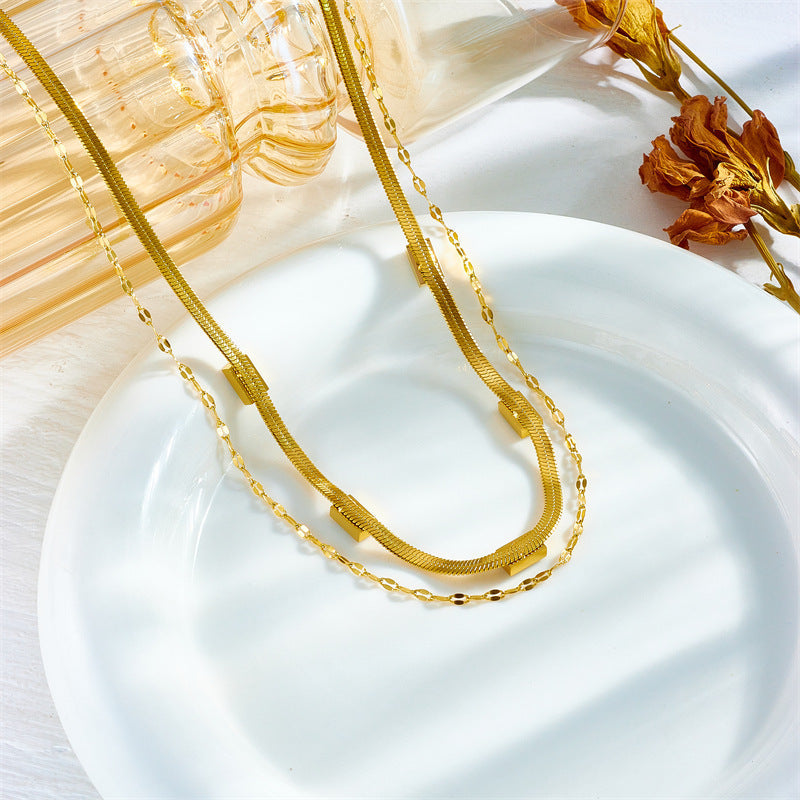 Fashion Retro High Class Elegant Double Layer Twin Blade Clavicle Chain Square Diamond Accessories Necklace