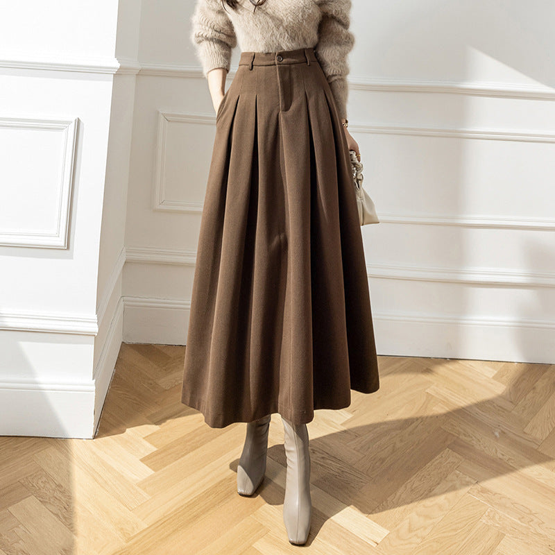 Women's Fashion High Waist Korean Style Woolen Large Swing Skirt