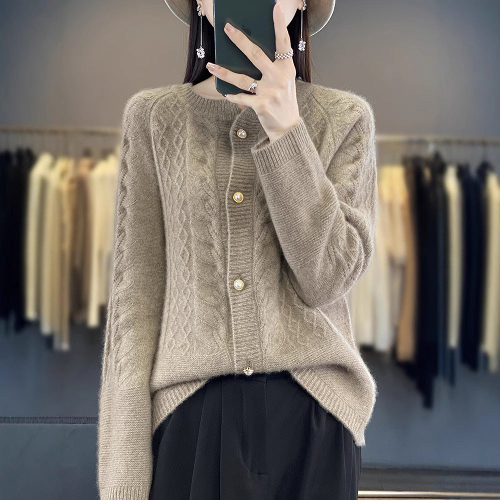 Round Neck Pure Wool Knit Cardigan Women's Long Sleeve Casual Simple