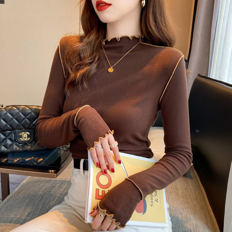 Half Turtleneck Wooden Ear Sweet Spicy Long-sleeved T-shirt Top For Women